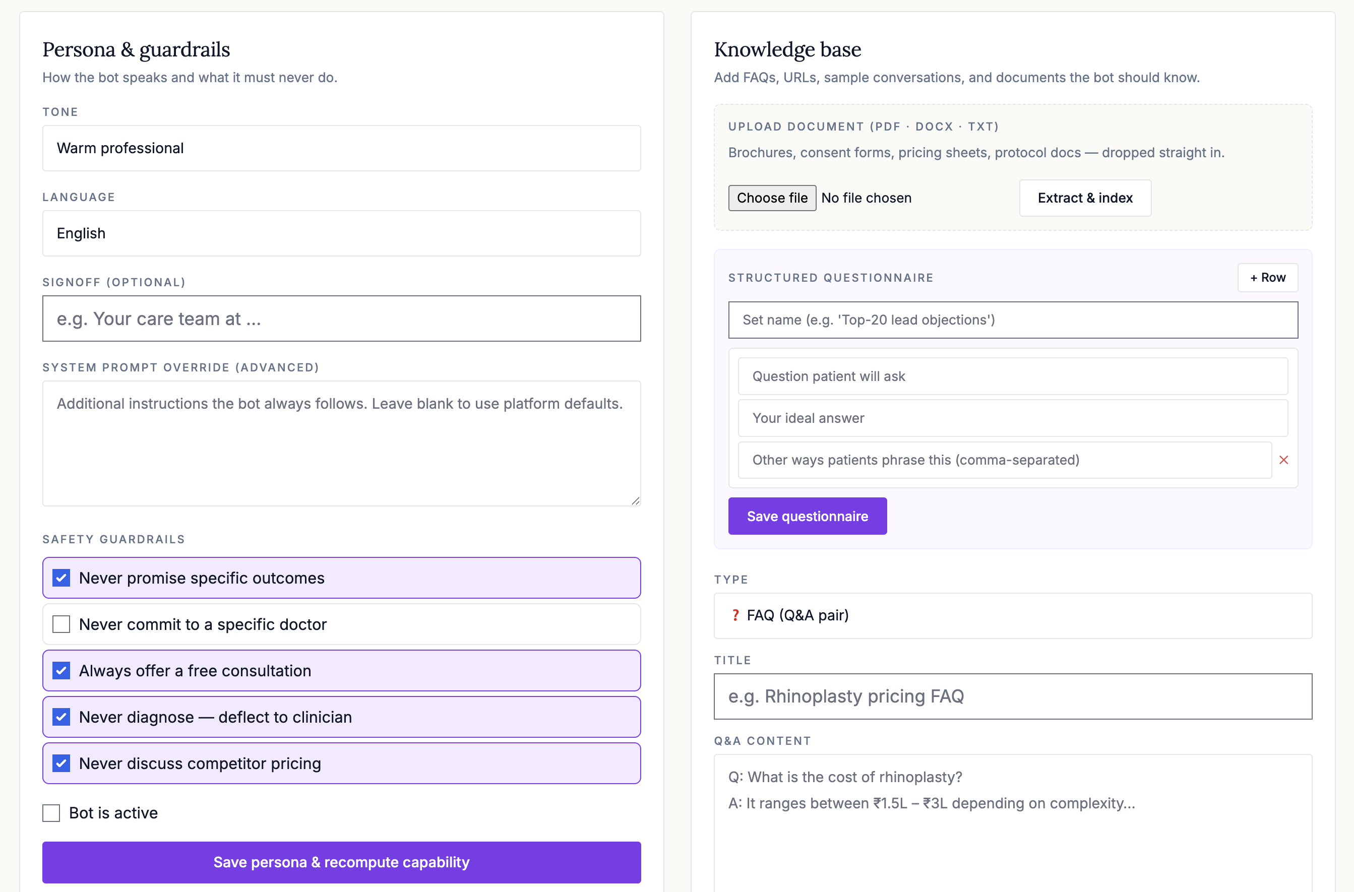 AI Bot persona and knowledge configuration