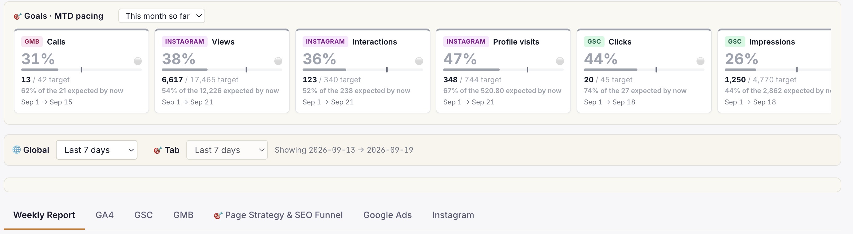 Client-facing dashboard showing month-to-date goal pacing across six healthcare marketing metrics