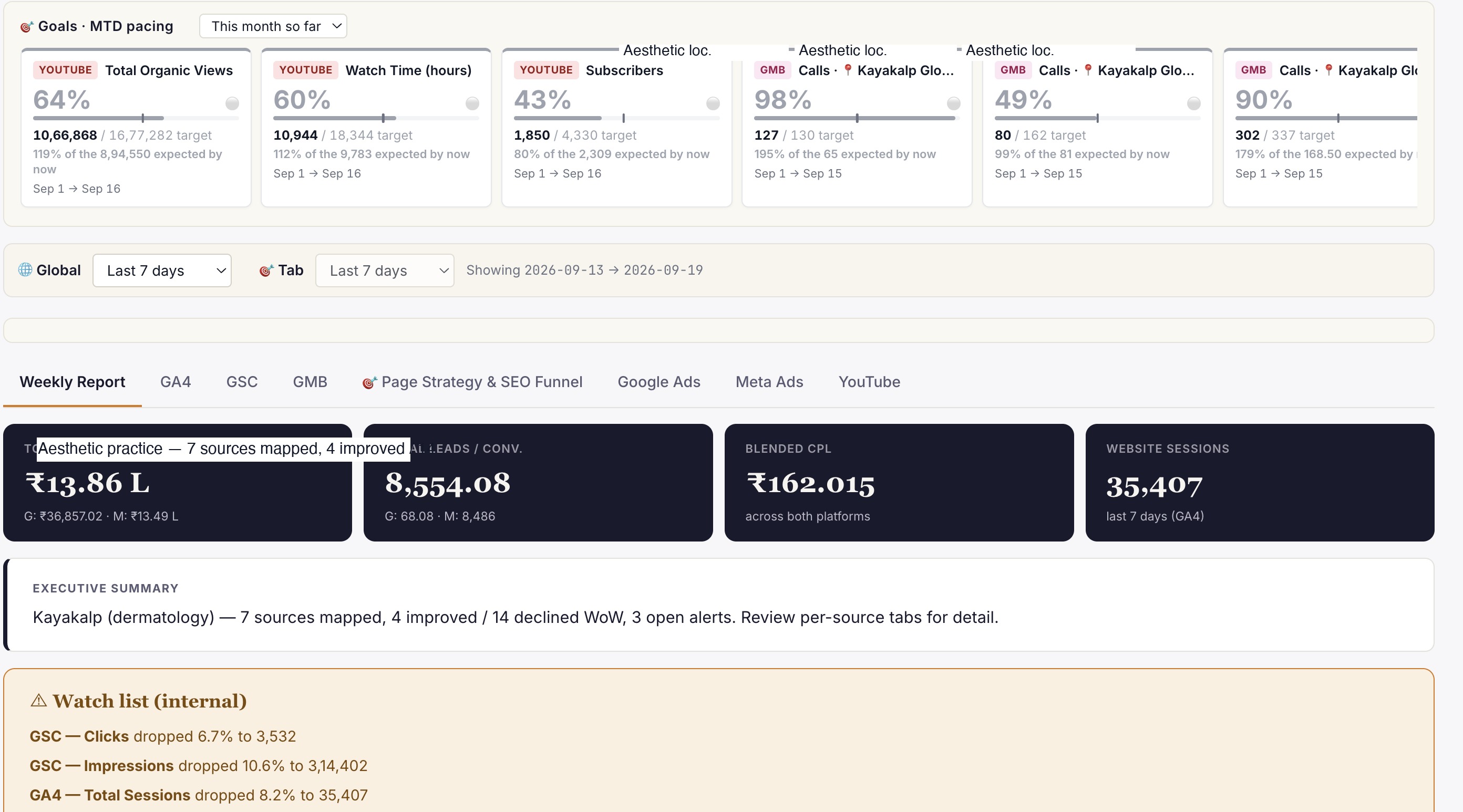 Client weekly report showing goal tracking and watch list summary