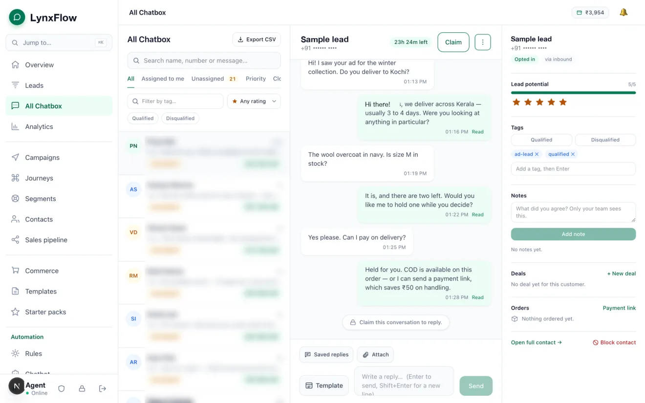 LynxFlow shared inbox: conversation list on the left, an open WhatsApp thread with a 24-hour window timer in the middle, and lead rating, tags, notes and deals on the right.