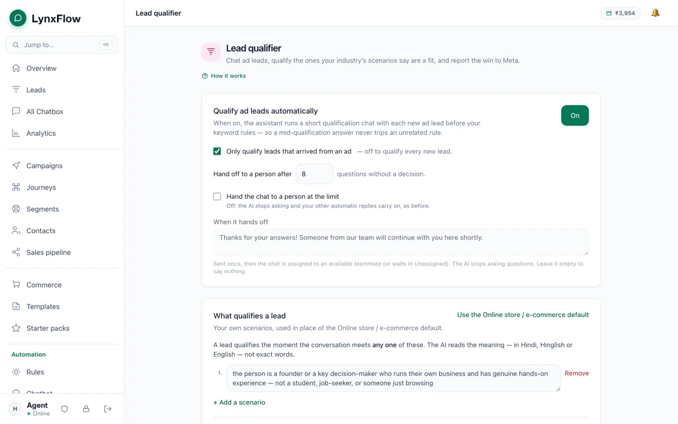 LynxFlow lead qualifier settings: automatic qualification switched on for ad leads, a hand-off limit after a set number of questions, and a plain-sentence list of scenarios that define a qualified lead.